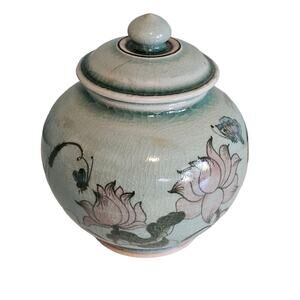 Vintage Baan Celadon Pottery Crackle Glaze Jar with Lotus Flowers from Thailand